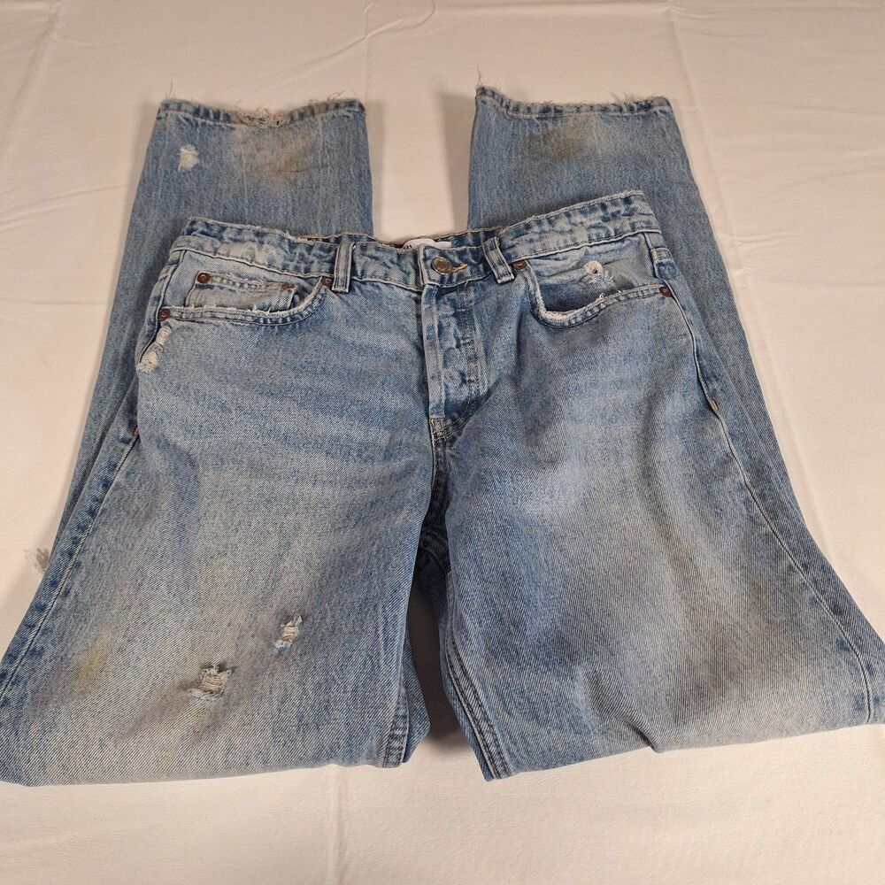 Zara Light Acid Wash Distressed High Rise Straight Leg Jeans Button Fly Size 8 - Picture 11 of 15